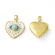 Real 18K Gold Plated Vacuum Plating 201 Stainless Steel Enamel Pendants, with Rhinestone, Heart with Eye Charm, White, 21.5x17.5x5.5mm, Hole: 5x3mm(STAS-J401-VC1019)