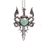 Natural Green Aventurine Dragon Sword Pendant Necklace, Gothic Alloy Jewelry for Men Women, Antique Silver & Platinum, 19.69 inch(50cm)(G-PW0004-67B)