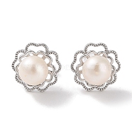 Sterling Silver Stud Earrings, with Natural Pearl, Jewely for Women, Flower, Platinum, 13x13mm(EJEW-C087-08C-P)