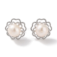 Anti-Tarnish Sterling Silver Stud Earrings, with Natural Pearl, Jewely for Women, Flower, Platinum, 13x13mm(EJEW-C087-08C-P)