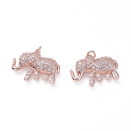 Brass Micro Pave Cubic Zirconia Pendants, with Soldered Jump Rings, Elephant, Clear, Rose Gold, 14x19x4mm, Hole: 2.2mm(ZIRC-G156-03RG)