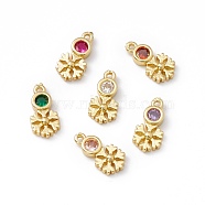 Brass Micro Pave Cubic Zirconia Pendants, Real 18K Gold Plated, Snowflake, Mixed Color, 11x5x2mm, Hole: 0.9mm(ZIRC-H124-07G)
