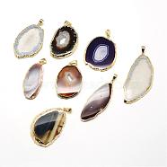 Natural Agate Pendants, with Golden Tone Brass Findings, Dyed, Nuggets, Mixed Color, 41~63x17~34x2.5~4.5mm, Hole: 3.5x5.5mm(G-T010-11)