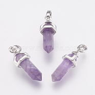 Brass Natural Amethyst Double Terminated Pointed Pendants, Bullet, Platinum, 17~20x7x6.5mm, Hole: 2x4mm(KK-G343-11L-06P)