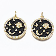 Brass Micro Pave Clear Cubic Zirconia Pendants, with Jump Rings and Enamel, Nickel Free, Flat Round, Real 16K Gold Plated, 21x19x3mm, Hole: 3mm(ZIRC-N039-134-NF)