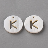Natural Freshwater Shell Pendants, Flat Round with Letter, Letter.K, 12x1.5mm, Hole: 1mm(SHEL-Q311-008K)