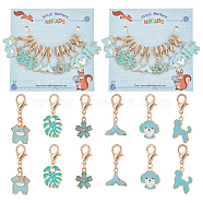 Alloy Enamel Dog & Whale Tail & Leaf & Sakura Flower & Clothes Pendant Locking Stitch Markers, Zinc Alloy Lobster Claw Clasp Stitch Marker, Sky Blue, 3.1~3.8cm, 6 style, 2pcs/style, 12pcs/set(HJEW-AB00044)