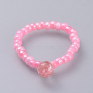 Cherry Quartz Glass Stretch Finger Rings, with Glass Seed Beads, Teardrop, Size 8, 18mm(RJEW-JR00278-03)