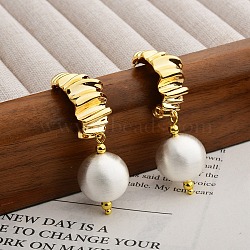 Round with Fold Charm Brass Dangle Stud Earrings, with Imitation Pearl, Real 22K Gold Plated, 43x14.5mm(EJEW-U055-14G)