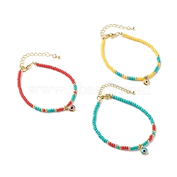 Flat Round Evil Eye Lampwork Tiny Charm Protection Lucky Bracelet, Glass Seed Beads Bracelet for Women, Golden, Mixed Color, 7-5/8 inch(19.5cm)(BJEW-JB07231)