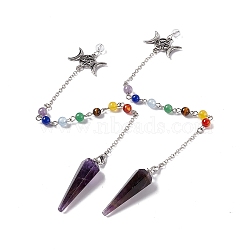 Natural Amethyst Hexagonal Pointed Cone Dowsing Pendulum Pendants, with Chakra Gemstone Round Beads, Rack Plating Platinum Tone Brass Triple Goddess Pentagram & Chains, Cadmium Free & Lead Free, 255mm(G-G983-05P-01)