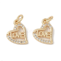 Brass Micro Pave Clear Cubic Zirconia Pendants, Heart, with Jump Ring, Real 18K Gold Plated, 11x11x1.5mm, Hole: 5.5mm(KK-S367-14A)