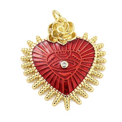Brass Micro Pave Cubic Zirconia Pendants, with Enamel, with Jump Rings Long-Lasting Plated, Lead Free & Cadmium Free, Real 18K Gold Plated, Heart, Crimson, 29x25x4mm, Hole: 3mm(KK-Q814-24G)