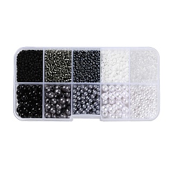 DIY 10 Grids ABS Plastic & Glass Seed Beads Jewelry Making Finding Beads Kits, Round & Rondelle, Black, 2~6x1.5~5.5mm, Hole: 0.8~1.6mm(DIY-G119-01F)