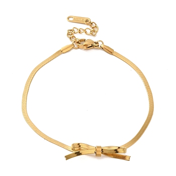 Bowknot 304 Stainless Steel Herringbone Chain Bracelets for Women, Golden, 7-1/8 inch(18cm)