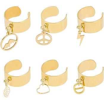 DIY Charm Cuff Ring Making Kit, Including Stainless Steel Open Ring Findings, Heart & Leaf & Lightning & Peace Sign Brass & Alloy & 304 Stainless Steel Pendants & Link Connectors, Golden, 32Pcs/box