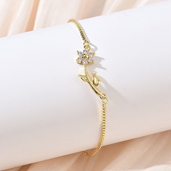 Adjustable Brass Micro Pave Clear Cubic Zirconia Box Chain Slider Bracelets, Link Bracelets for Women, Flower, Long-Lasting Plated, Rack Plating, Cadmium Free & Lead Free, Real 18K Gold Plated, Clear, 9.45 inch(24cm)