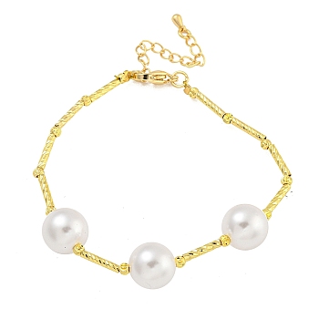 Rack Plating Brass Round Beaded Bracelets for Women, with ABS Plastic Pearl, Cadmium Free & Lead Free, Long-Lasting Plated, Real 18K Gold Plated, 7-1/2 inch(19cm)