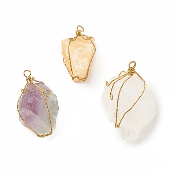 Rough Raw Natural Gemstone Pendants, with Golden Tone Brass Wire Wrapped, Nuggets, 43~48x21~33.5x17~28mm, Hole: 4x3~3.5mm