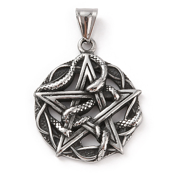 304 Stainless Steel Pendants, with 201 Stainless Steel Snap on Bails, Falt Round with Pentagram & Snake Charms, Antique Silver, 37.5x31x4mm, Hole: 8x5.5mm