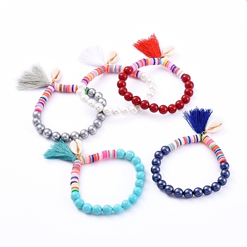 Tassels Charm Stretch Bracelets, with Handmade Polymer Clay Heishi Beads, Shell Pearl Beads and Natural Cowrie Shell Beads, Mixed Color, 2-1/4 inch(5.7cm)