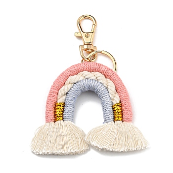 Macrame Weaving Cotton Rainbow Keychain, Boho Tassel Charms Keychain, Light Coral, 105x80mm