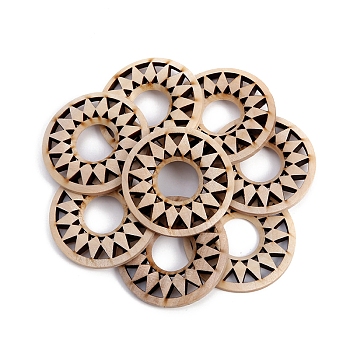 Wood Hollow Pendants, Flat Round with Flower, for Earring Jewelry Making, PapayaWhip, 36x5mm, Inner Diameter: 12mm