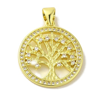 Brass Micro Pave Cubic Zirconia Pendants, Real 18K Gold Plated, Round with Tree of Life, Real 18K Gold Plated, 20.5x18x2mm, Hole: 5x3.5mm