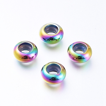 Vacuum Plating 202 Stainless Steel Beads, with Plastic, Slider Beads, Stopper Beads, Rondelle, Rainbow Color, 9x4.5mm, Hole: 3mm