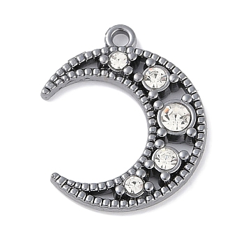 Rack Plating Alloy Rhinestone Pendants, Cadmium Free & Nickel Free & Lead Free, Moon, Gunmetal, 21x17x3mm, Hole: 1.6mm