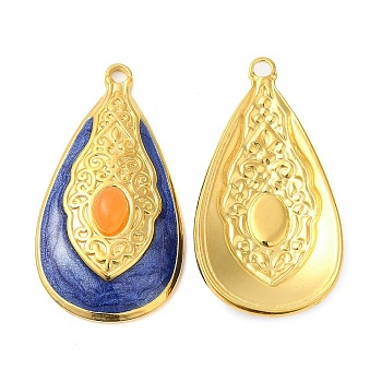 Enamel Pendants, with 304 Stainless Steel Finding and Arcylic Cabochons, Real 18K Gold Plated, Teardrop Charm, Royal Blue, 34.5x18x6mm, Hole: 2mm