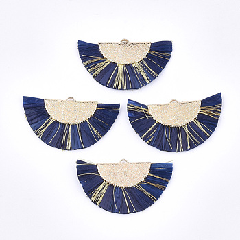 Raffia Tassel Pendants, with Metallic Cords & Brass Findings, Fan Shaped, Golden, Dark Blue, 27x45x3mm, Hole: 1x3mm