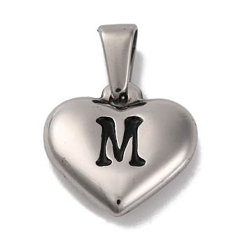 304 Stainless Steel Pendants, Heart with Black Letter, Stainless Steel Color, Letter M, 16x16x4.5mm, Hole: 7x3mm