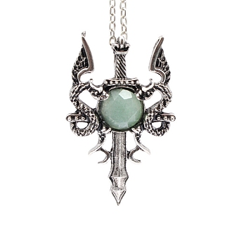 Natural Green Aventurine Dragon Sword Pendant Necklace, Gothic Alloy Jewelry for Men Women, Antique Silver & Platinum, 19.69 inch(50cm)