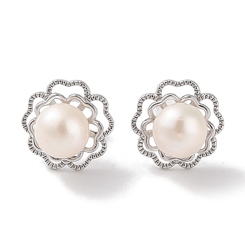 Sterling Silver Stud Earrings, with Natural Pearl, Jewely for Women, Flower, Platinum, 13x13mm