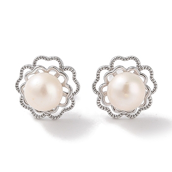 Anti-Tarnish Sterling Silver Stud Earrings, with Natural Pearl, Jewely for Women, Flower, Platinum, 13x13mm