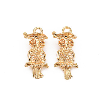 Brass Pendants, Nickel Free, Owl, Real 18K Gold Plated, 22x10x6.5mm, Hole: 2mm