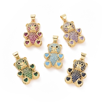 Brass Cubic Zirconia Pendants, Golden, Bear with Heart Charm, Mixed Color, 23x15x4mm, Hole: 4X5mm