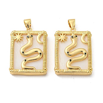 Brass Pendants, with Cubic Zirconia & Shell, Rectangle with Snake Charms, Real 18K Gold Plated, 24x18.5x4mm, Hole: 4.5x3.5mm