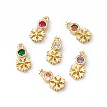Brass Micro Pave Cubic Zirconia Pendants, Real 18K Gold Plated, Snowflake, Mixed Color, 11x5x2mm, Hole: 0.9mm