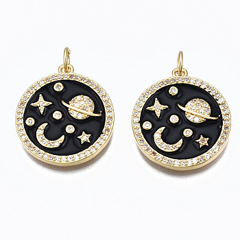 Brass Micro Pave Clear Cubic Zirconia Pendants, with Jump Rings and Enamel, Nickel Free, Flat Round, Real 16K Gold Plated, 21x19x3mm, Hole: 3mm