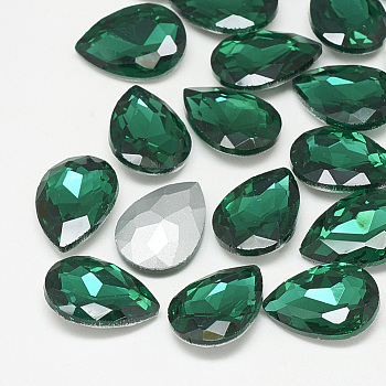 Pointed Back Glass Rhinestone Cabochons, Back Plated, Faceted, teardrop, Med.Emerald, 14x10x4.5mm