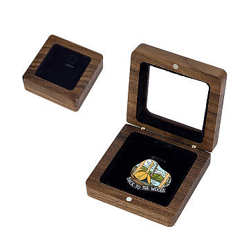 Wooden Badge Storage Boxes with Visible Window Hinged Lid and Black Sponge Inside, Weak Magnetic, Square, Saddle Brown, 6.8x6.8x2.6cm