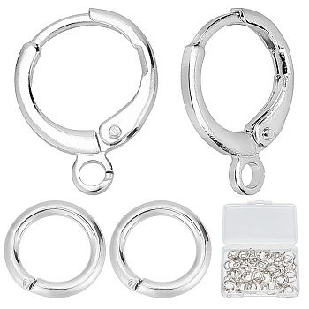 24 Pairs Brass Huggie Hoop Earring Findings, with Horizontal Loops, Long-Lasting Plated, Lead Free & Nickel Free, with 48Pcs 304 Stainless Steel Jump Rings, Platinum, 14.7x11.7x2mm, Hole: 1.8mm
