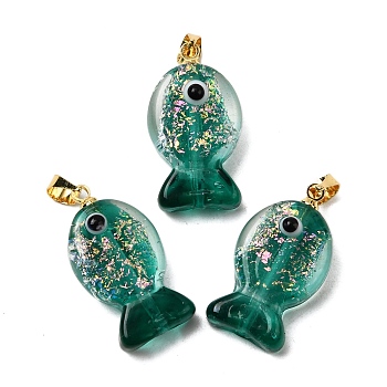Handmade Dichroic Foil Lampwork Pendants, with Brass Findings, Fish Charm, Teal, 22.5~23.5x12.5~13x8.5~9.5mm, Hole: 4.5x4mm