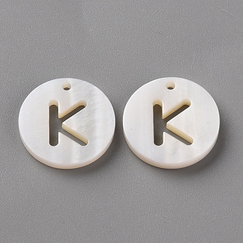 Natural Freshwater Shell Pendants, Flat Round with Letter, Letter.K, 12x1.5mm, Hole: 1mm
