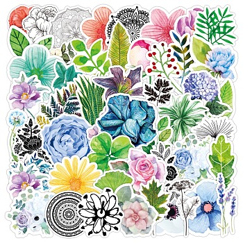 50Pcs Waterproof PVC Plastic Stickers, Self Adhesive Picture Stickers, for Water Bottles, Laptop, Luggage, Cup, Computer, Mobile Phone, Skateboard, Guitar Stickers, Mixed Styles Flower Pattern, Mixed Color, 50~80mm