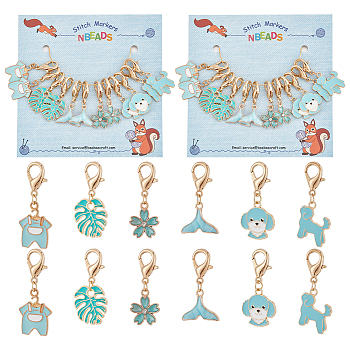 Alloy Enamel Dog & Whale Tail & Leaf & Sakura Flower & Clothes Pendant Locking Stitch Markers, Zinc Alloy Lobster Claw Clasp Stitch Marker, Sky Blue, 3.1~3.8cm, 6 style, 2pcs/style, 12pcs/set