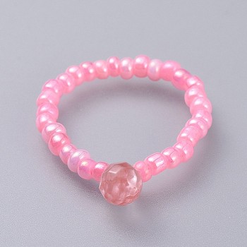 Cherry Quartz Glass Stretch Finger Rings, with Glass Seed Beads, Teardrop, Size 8, 18mm