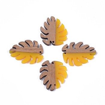 Resin & Walnut Wood Pendants, Tropical Leaf Charms, Monstera Leaf, Gold, 37.5x30x3~3.5mm, Hole: 2mm